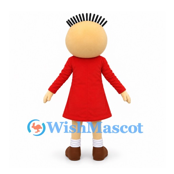 Girl Mascot Costume with Black Spiky Hair and Red Dress
