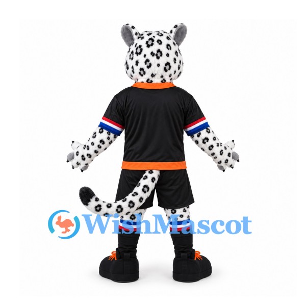 Snow Leopard Mascot Costume with Black Sports Shirt and Shorts