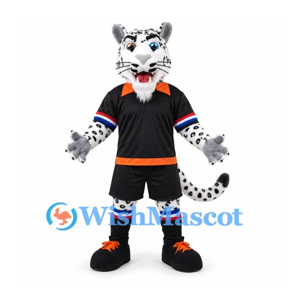 Snow Leopard Mascot Costume with Black Sports Shirt and Shorts