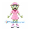 Girl Mascot Costume with Pale Green Face and Pink Tennis Dress