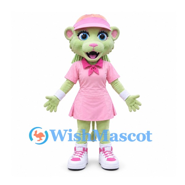 Girl Mascot Costume with Pale Green Face and Pink Tennis Dress