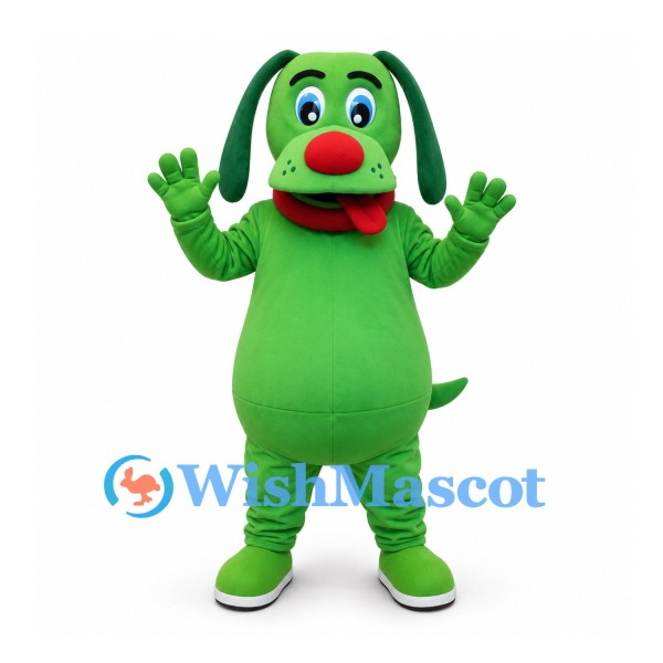 Dog Mascot Costume in Green with Red Nose and Collar