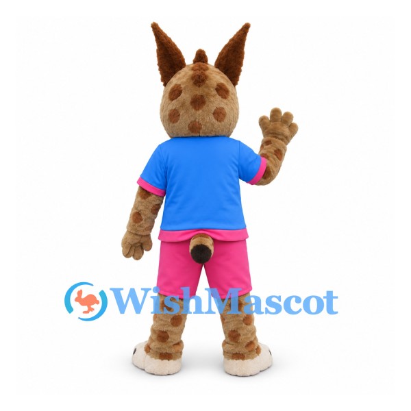 Lynx Mascot Costume with Blue Polo Shirt and Pink Shorts