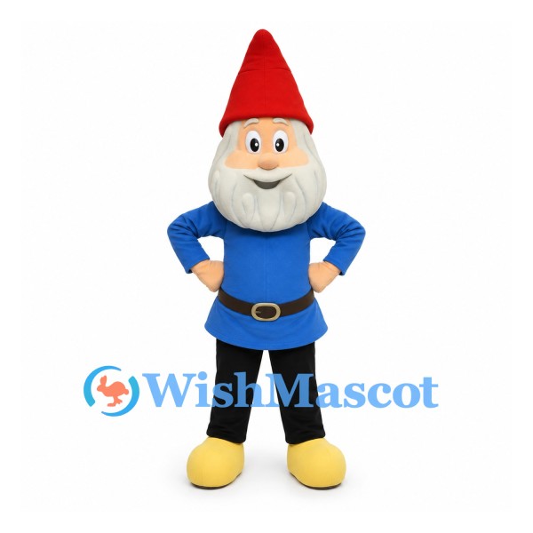 Gnome Mascot Costume with Blue Shirt and Tall Red Hat