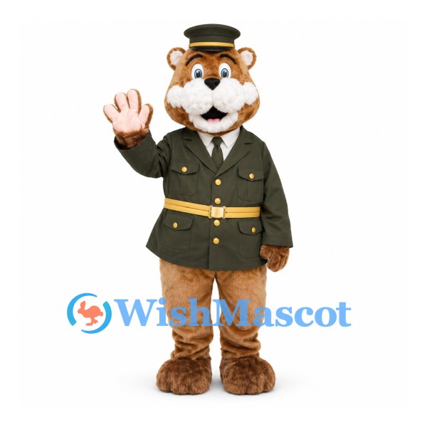 Bear Mascot Costume with Dark Green Officer Jacket and Cap