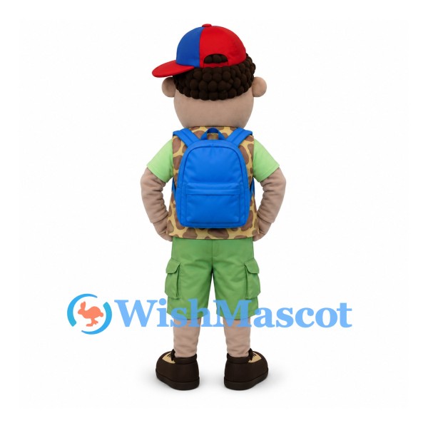 Boy Mascot Costume with Camouflage Vest and Blue Backpack