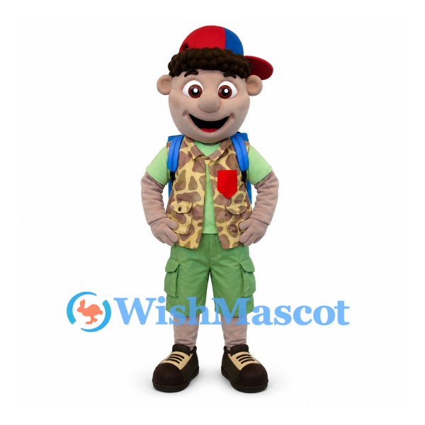 Boy Mascot Costume with Camouflage Vest and Blue Backpack