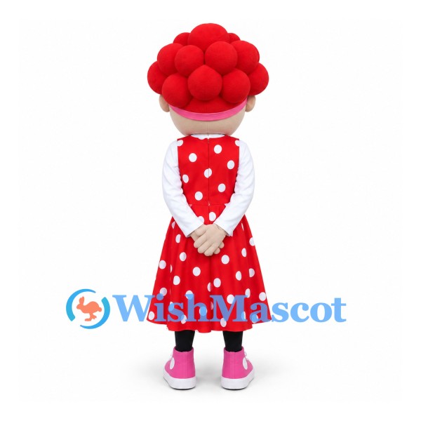 Girl Mascot Costume with Red Curly Hair and Polka Dot Dress
