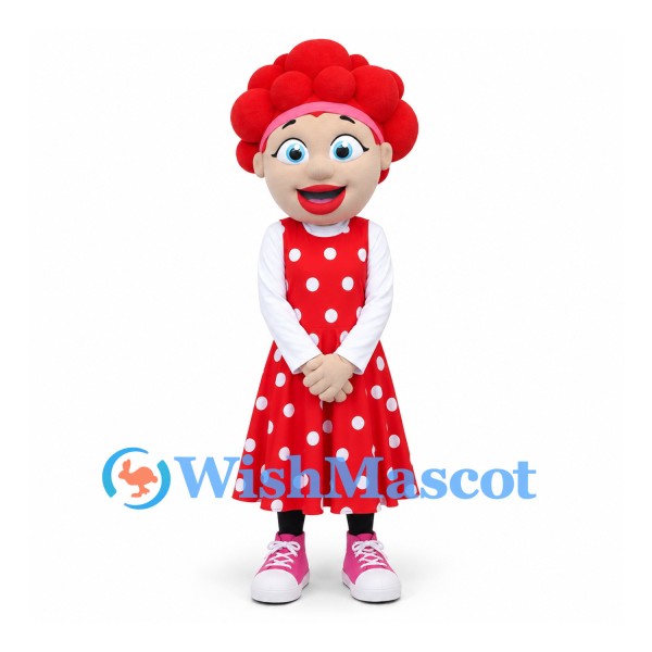 Girl Mascot Costume with Red Curly Hair and Polka Dot Dress