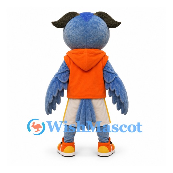 Owl Mascot Costume in Blue with Orange Vest and Beige Shorts