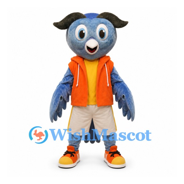 Owl Mascot Costume in Blue with Orange Vest and Beige Shorts