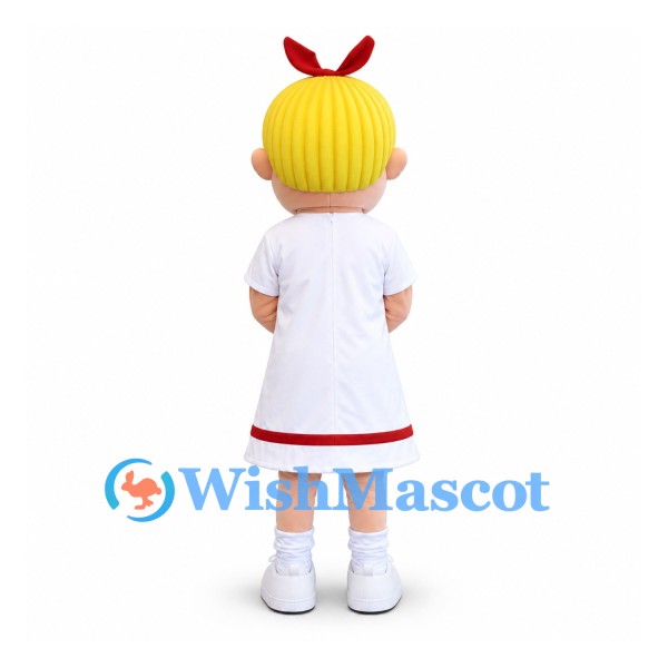 Girl Mascot Costume with Blond Hair and White Dress