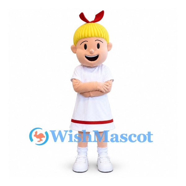 Girl Mascot Costume with Blond Hair and White Dress