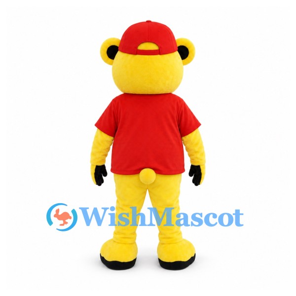 Bear Mascot Costume in Yellow with Red Shirt and Cap