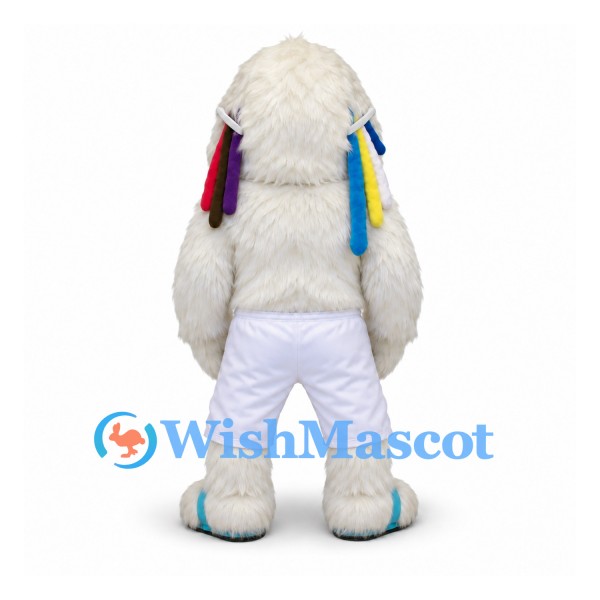 Yeti Mascot Costume in White with Sunglasses and Colorful Braids