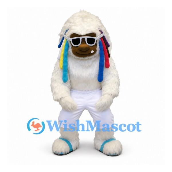 Yeti Mascot Costume in White with Sunglasses and Colorful Braids