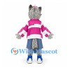 Wolf Mascot Costume with Pink Striped Shirt and Blue Shorts
