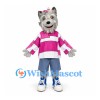 Wolf Mascot Costume with Pink Striped Shirt and Blue Shorts