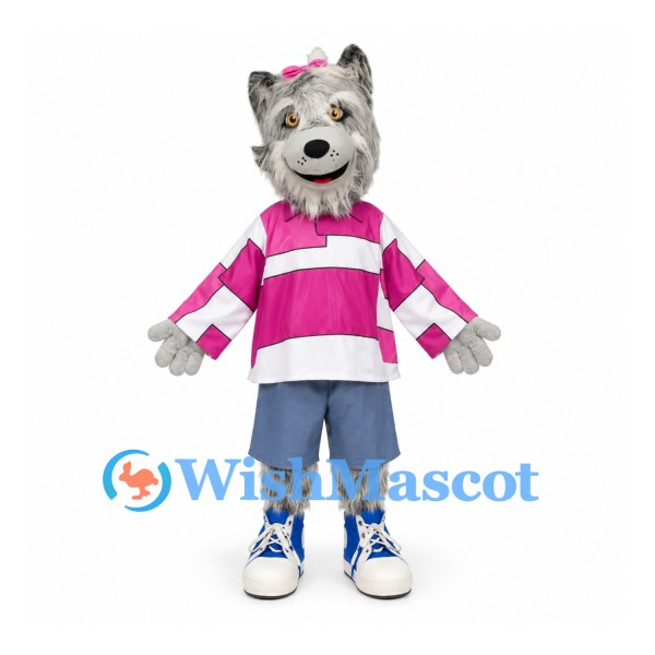 Wolf Mascot Costume with Pink Striped Shirt and Blue Shorts