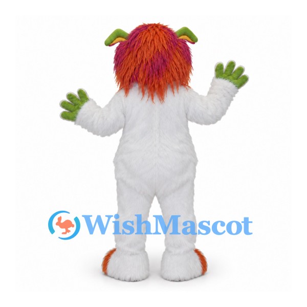 Monster Mascot Costume in White with Green Face and Orange Hair