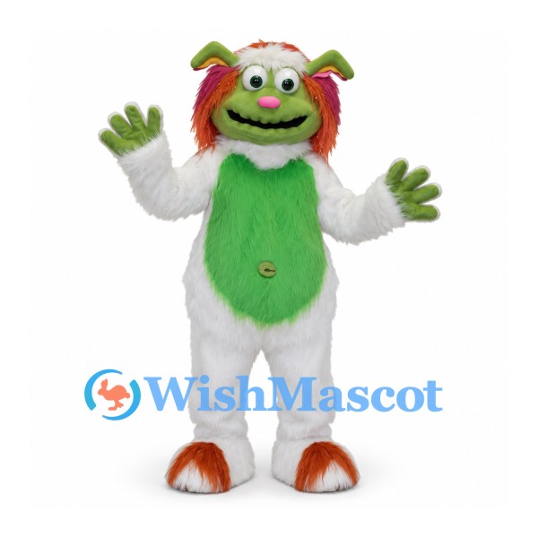 Monster Mascot Costume in White with Green Face and Orange Hair