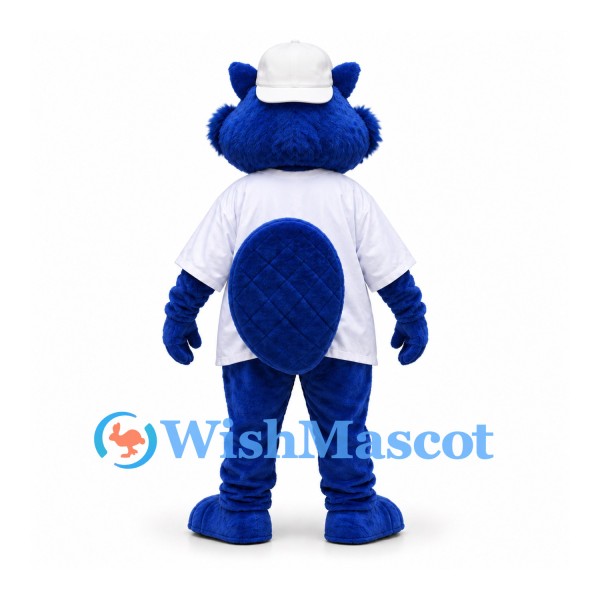 Bear Mascot Costume in Blue with White Shirt and Cap