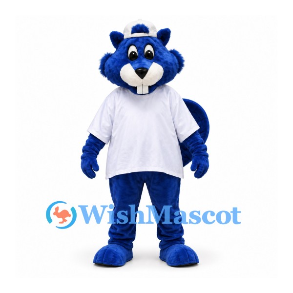 Bear Mascot Costume in Blue with White Shirt and Cap