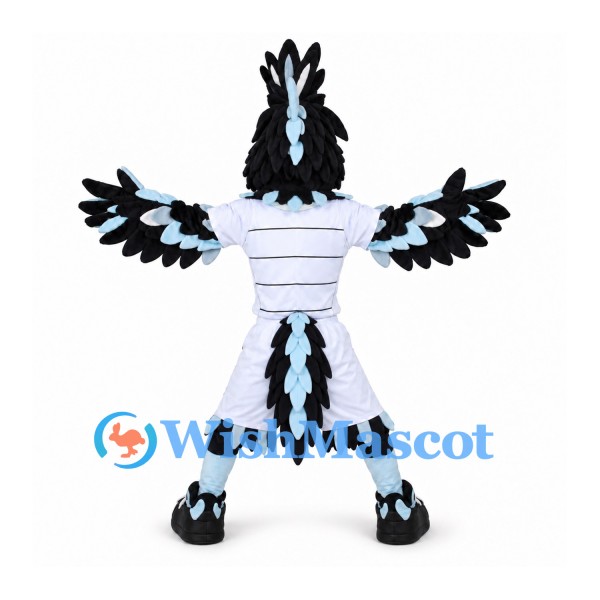 Bird Mascot Costume with Black and White Feathers and Sports Uniform