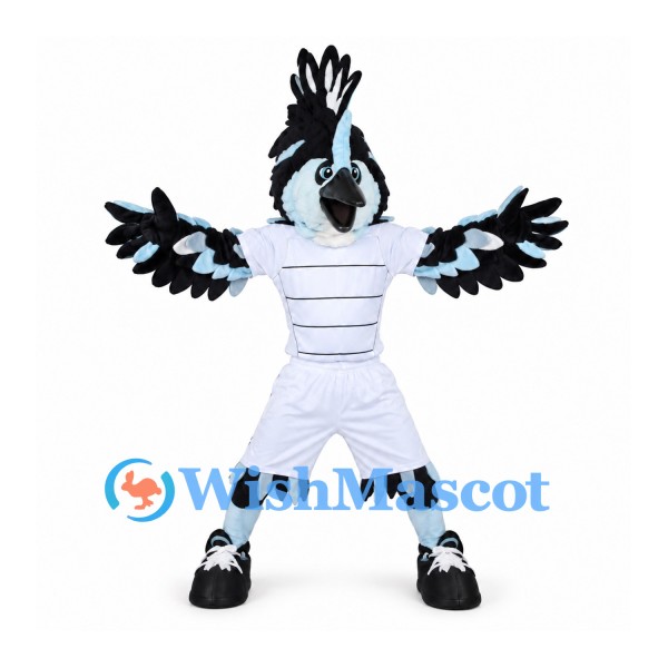 Bird Mascot Costume with Black and White Feathers and Sports Uniform