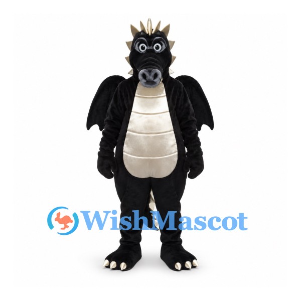 Dragon Mascot Costume in Black with Cream Belly and Large Wings