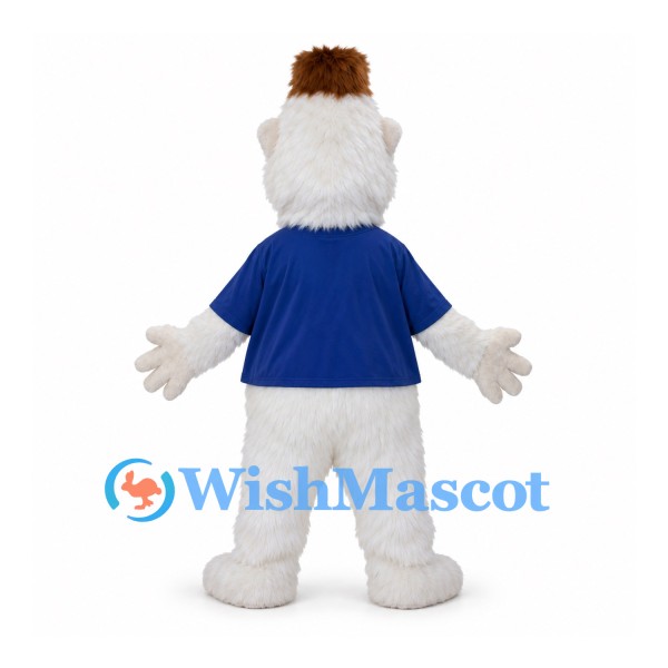Monster Mascot Costume in White with Blue Shirt and Brown Hair