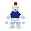 Monster Mascot Costume in White with Blue Shirt and Brown Hair