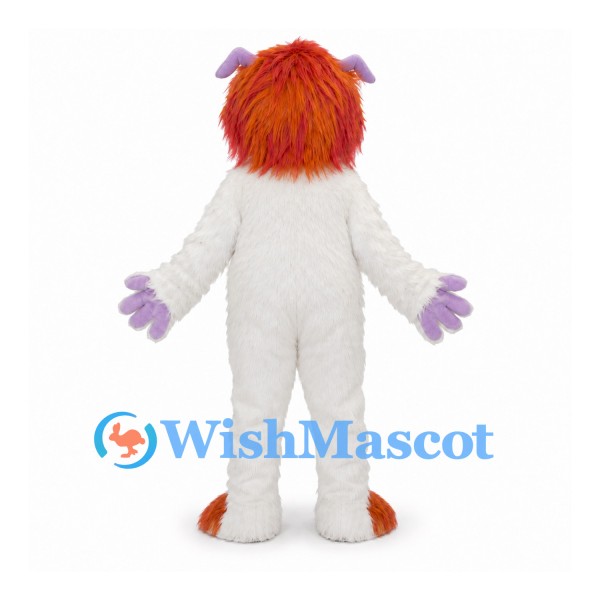 Monster Mascot Costume in White with Purple Face and Orange Hair