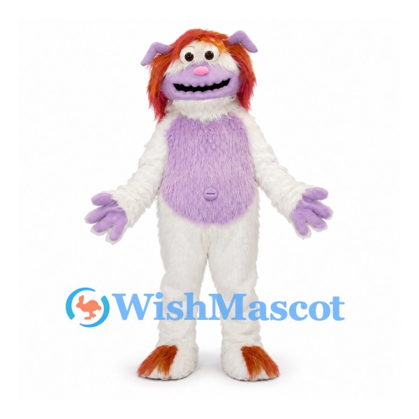 Monster Mascot Costume in White with Purple Face and Orange Hair