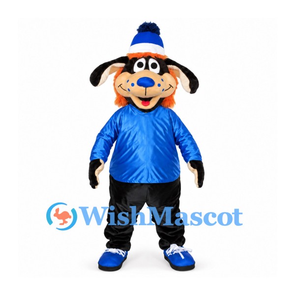 Dog Mascot Costume with Blue Jacket and Blue Orange Cap
