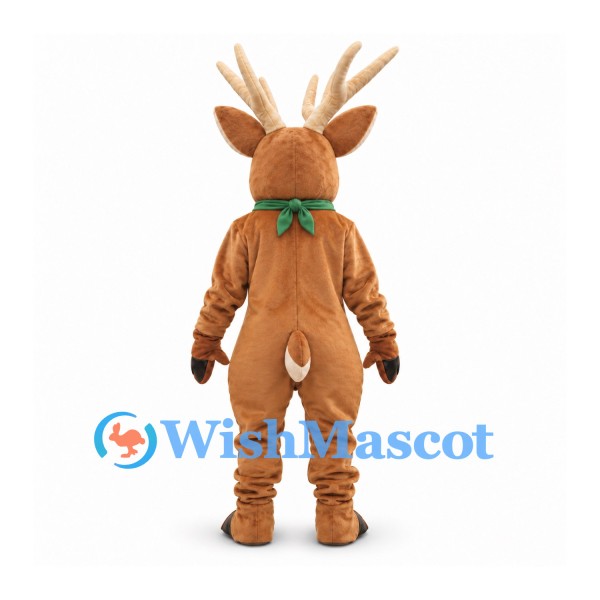 Deer Mascot Costume in Brown with Green Neck Scarf
