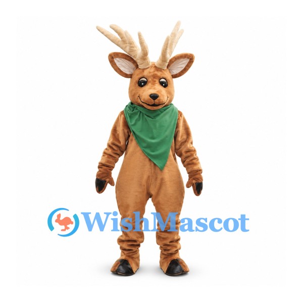 Deer Mascot Costume in Brown with Green Neck Scarf