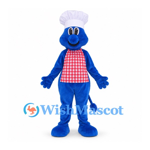 Chef Character Mascot Costume in Blue with Checkered Apron