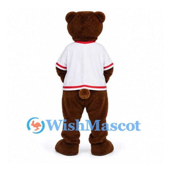 Bear Mascot Costume with White Hockey Jersey and Red Trim