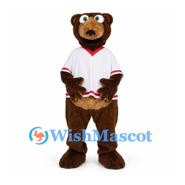 Bear Mascot Costume with White Hockey Jersey and Red Trim