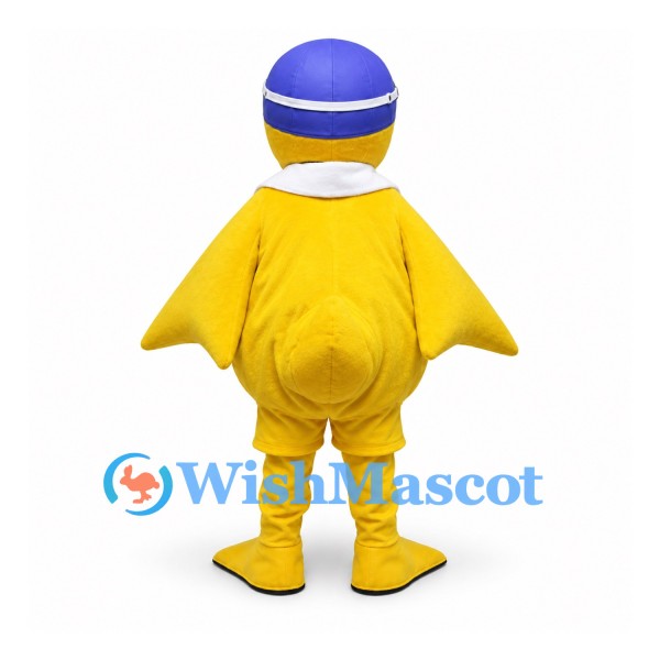 Duck Mascot Costume with Purple Cap and White Scarf
