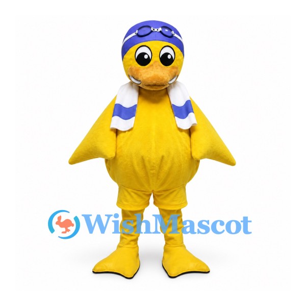 Duck Mascot Costume with Purple Cap and White Scarf