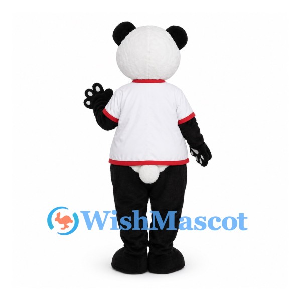 Panda Mascot Costume with White Sports Shirt and Red Bow Tie