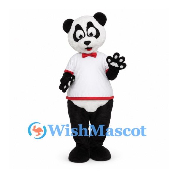 Panda Mascot Costume with White Sports Shirt and Red Bow Tie