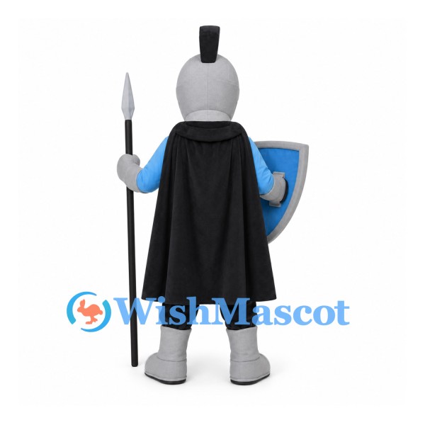 Knight Mascot Costume with Gray Helmet and Blue Cross Shield