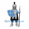 Knight Mascot Costume with Gray Helmet and Blue Cross Shield