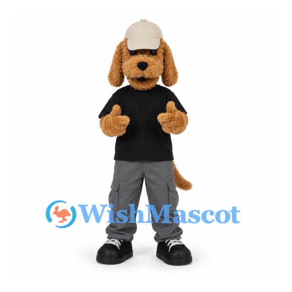 Dog Mascot Costume with Black Shirt and Gray Baseball Cap