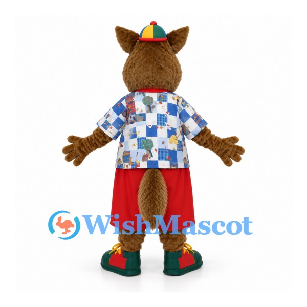 Wolf Mascot Costume with Blue Check Shirt and Red Shorts