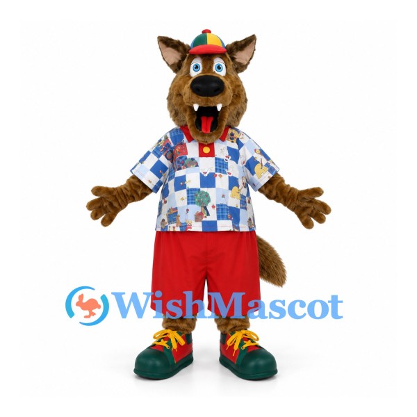 Wolf Mascot Costume with Blue Check Shirt and Red Shorts