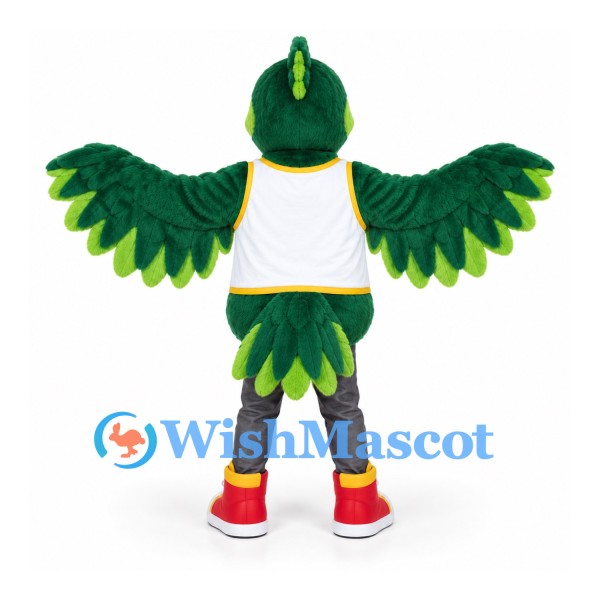 Parrot Mascot Costume in Green with White Sports Shirt